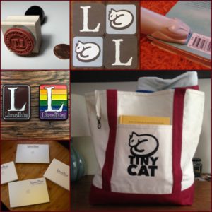 Collage of 6 items from the LibraryThing Store including laptop stickers, book stamp, enamel pins, coasters, barcode scanner, and tote bag.